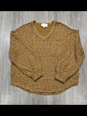 Flower & Feather Women’s Tan Polka Dot V-Neck Sweater Size M Boho Knit Top.